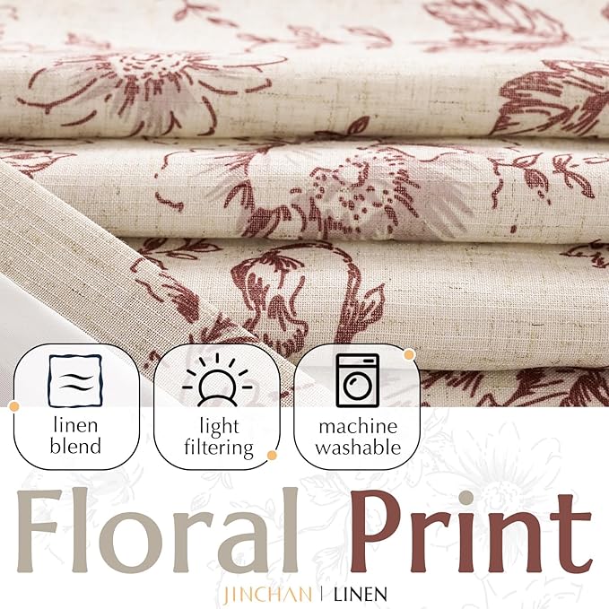 jinchan Lined Linen Blend Curtain Floral Curtains for Living Room 96 Inches Long Christmas Red Peony Flower Printed Curtain Rod Pocket Back Tab Farmhouse Patterned Drapes Curtains Set 2 Panels