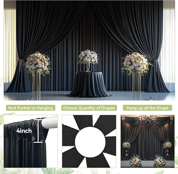 PartyVillage 40ft×15ft Black Backdrop Curtain for Halloween Parties, 8 Panels Wrinkle Free 15 FT Long Polyester Photo Backdrop Drapes Back Drop Cloth for Birthday Photography Background