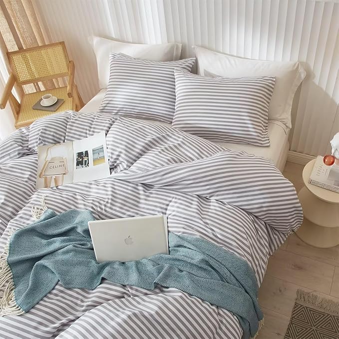LifeTB Grey Striped Comforter Set Full Modern Style Stripes Pattern Comforter for Men Boy Teen Geometric Grey White Stripe Printed Boho Bedding Comforter for All Season Fluffy Soft Full Comforter Set