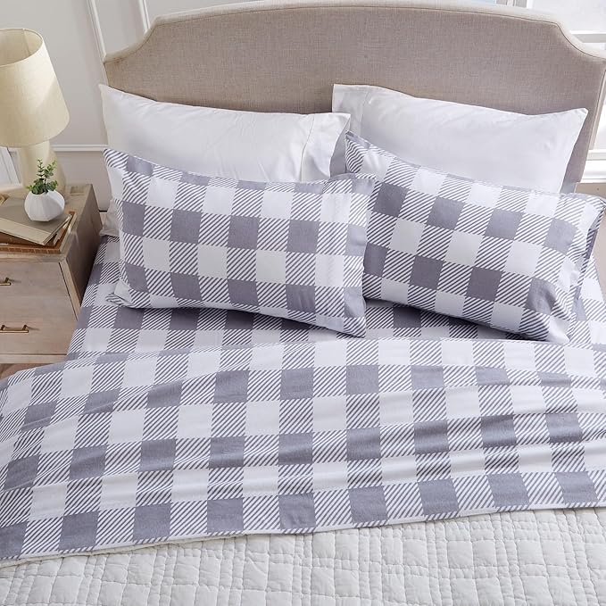 Market & Place 100% Turkish Cotton Flannel Sheet Set | 4 Piece Deep Pocket Novelty Cozy Winter Bed Sheets | Double Brushed for Extra Softness & Comfort | King, Buffalo Check Grey