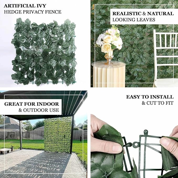 Efavormart 12 Pack Dark Green Artificial Ivy Privacy Screen Fence Wall Panel, Faux Leaf Hedge Greenery Garden Decor - 32 Sq. ft.