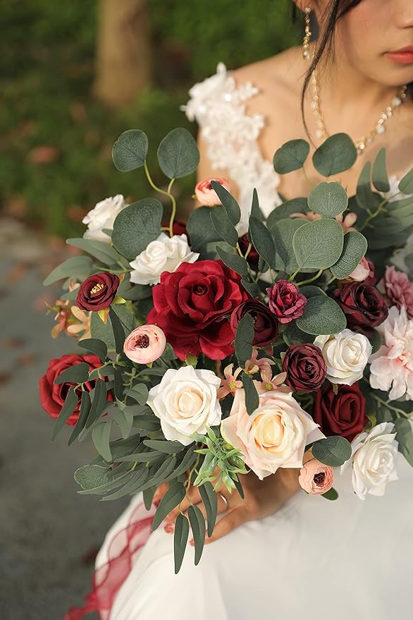 YYHUAWU Artificial Flowers Combo Set Fake Flower Leaf Box with Stems for DIY Wedding Bouquets Centerpieces Flower Arrangements Decorations Baby Shower Party Home Decorations (Burgundy)