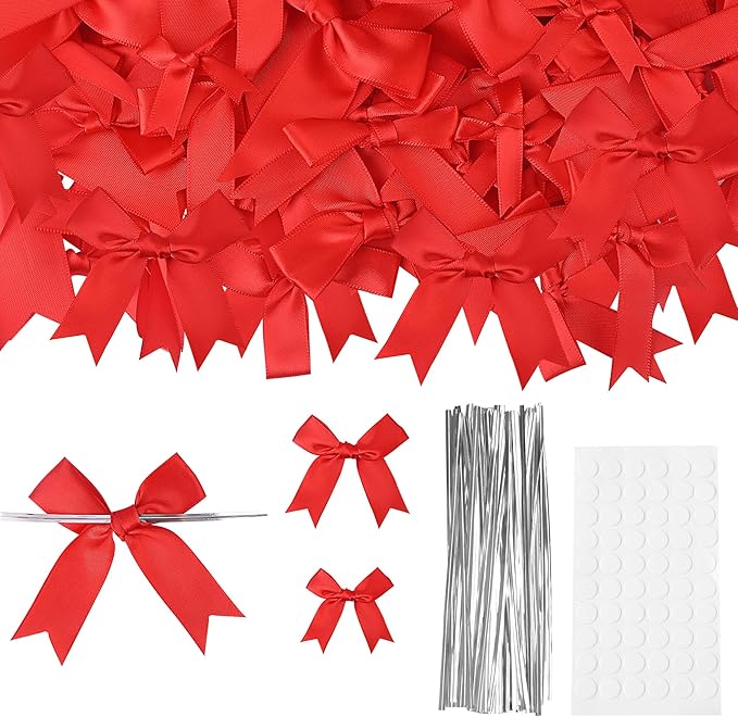 Oubest Red Bows for Gift Wrapping, 60 PCS 1.57", 2.5" & 3.5" Satin Ribbon Gift Wrap Bows with Twist Tie for Christmas,Birthdays,Baby Shower,Weddings,Crafts,Holiday Presents,Party Decorations, Red