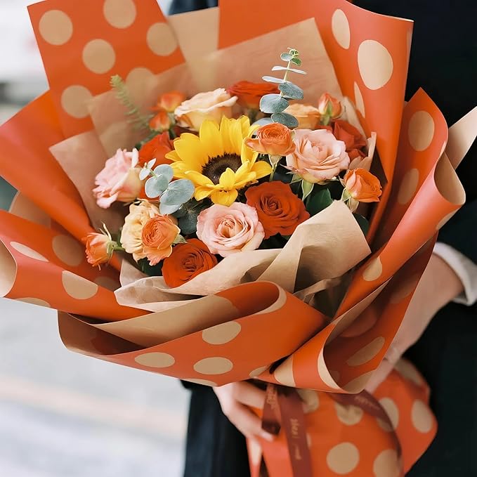 LeZakaa 20 Sheets Kraft Dots Flower Wrapping Paper, Reversible Orange with White Polka Dots Floral Bouquet Paper for Valentines, Mothers Day, Wedding Party, Fall Birthday, Thanksgiving Autumn Decor