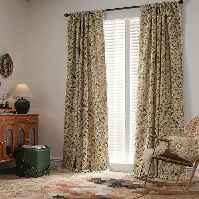 ENJOYBRIDAL Floral 96 Inch Curtains for Bedroom Jacquard Drapes Bird Patterned Semi Sheer Boho Long Window Curtains Living Room 2 Panels Farmhouse Rod Pocket Light Filtering Decor Window Treatments