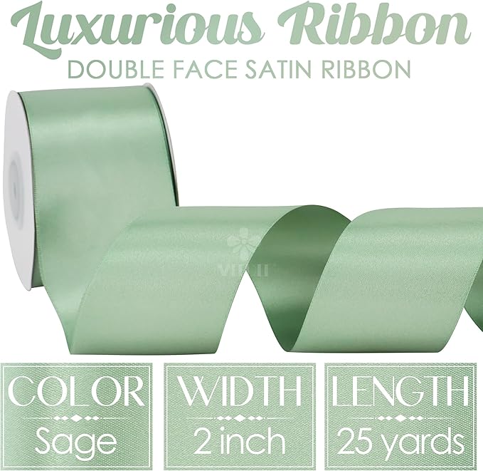MEEDEE Sage Satin Ribbon 2 Inch Light Green Ribbon Double Faced Satin Ribbons by 25 Yards Silk Luxurious Green Ribbons for Crafts, Cake Decoration, Weddings, Flower Bouquet
