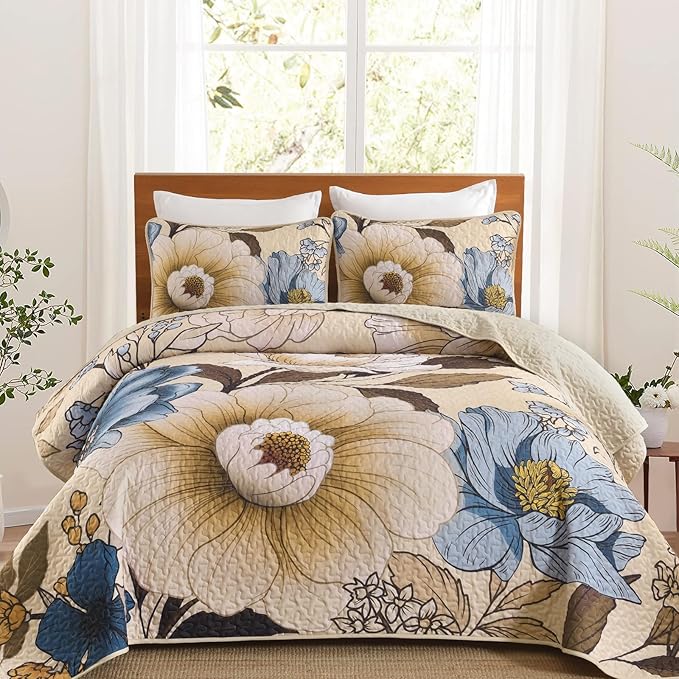 Dintszyayue Khaki Quilt Set King, 3 Pieces Beige Floral Bedspreads Lightweight Coverlet Set for All Seasons, Reversible Quilted Printed Bedding Set with 2 Pillow Shams