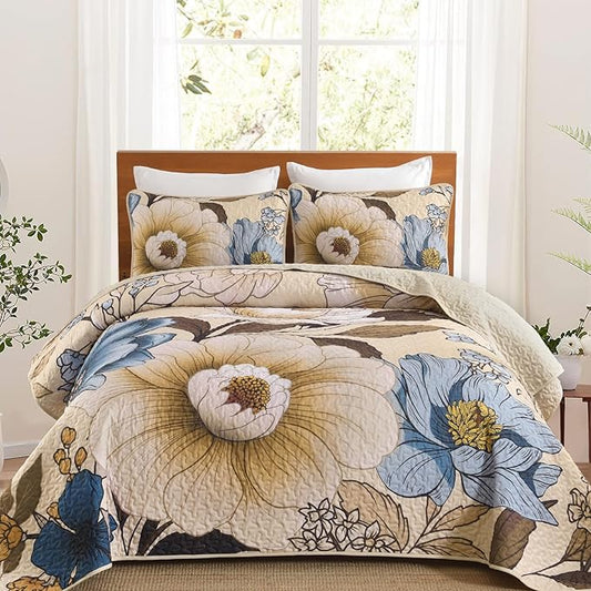 Dintszyayue Khaki Quilt Set King, 3 Pieces Beige Floral Bedspreads Lightweight Coverlet Set for All Seasons, Reversible Quilted Printed Bedding Set with 2 Pillow Shams