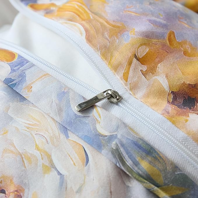 100% Cotton Duvet Cover Queen Size – Impressionist Natural Yellow & Blue Floral Duvet Cover Set with Zipper Closure, 3-Piece Soft Breathable Durable Percale Cotton Bedding Set for All Seasons