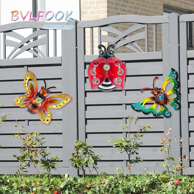 Garden Decor Clearance Butterfly Ladybug Bee Metal Wall Art Decor, Wall Christmas Decoration Hanging for Home Garden Porch Patio Balcony Ornament for Outdoor Christmas Gift, 3 Pack 9 Inch