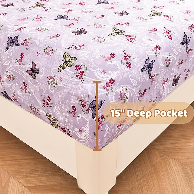 Softan Floral Twin Size Sheet Set, Purple Paisley Flower Printed Sheets for Kids Girls, Brushed Microfiber Fitted Sheet with 15" Deep Pocket & Non-Slip Straps, Butterfly Patterned Sheets