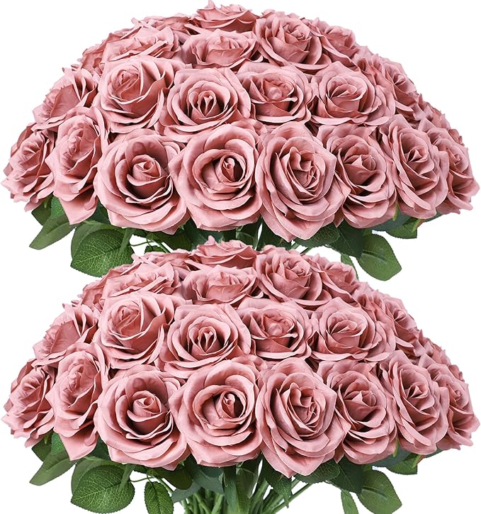 Artificial Rose Flower Dusty Rose Flowers Silk Flowers 50 pcs with Long Stem Silk Roses Bouquet for Wedding Bridal Shower Party Home Decoration