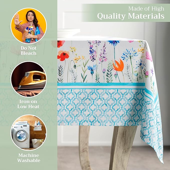 Maison d' Hermine Table Cloth Square Table 100% Cotton 60 x 60 Inches Tablecloth Reusable Decorative for Dining Room, Farmhouse, Home, Party, Festive & Wedding Spring Summer - Flower in The Field