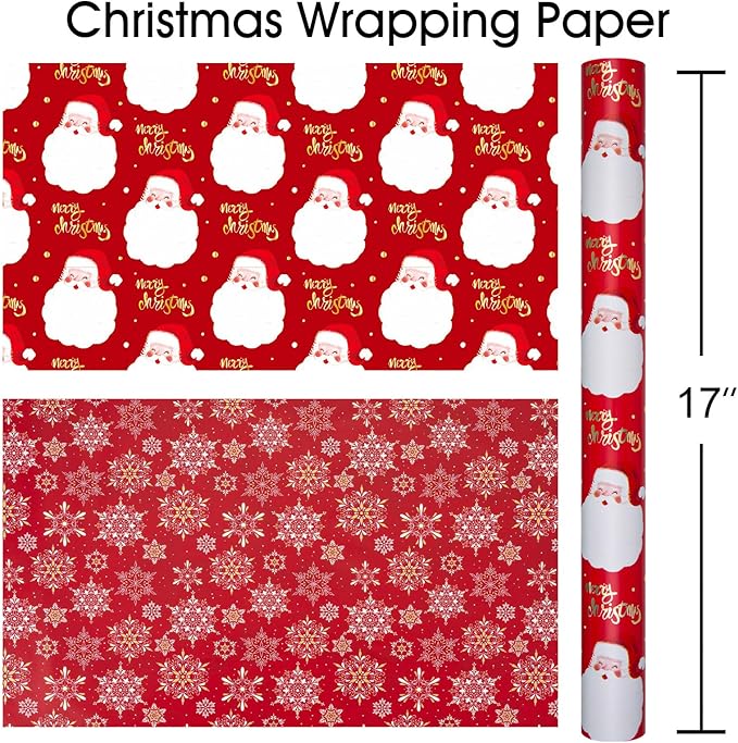 MAYPLUSS Red Christmas Wrapping Paper Roll - 17IN X 33FT - Santa Gift Wrapping Paper Featuring Santa Claus Gold Merry Christmas Reversible Snowflake for Kids, Holiday, New Year