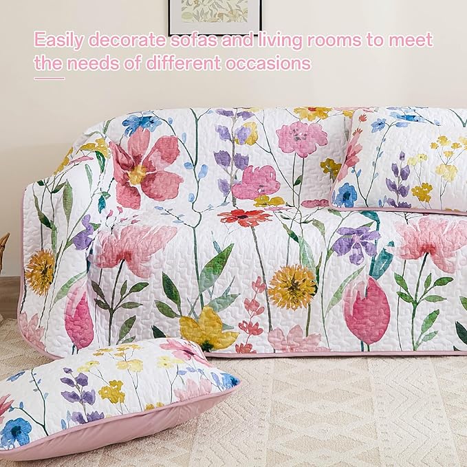 Anibedding Queen Quilt Set, Reversible Pink Floral Bedspread Soft Microfiber Lightweight Queen Size Quilt Bedding Sets Flower Coverlet for All Season(Queen, 96"x90")