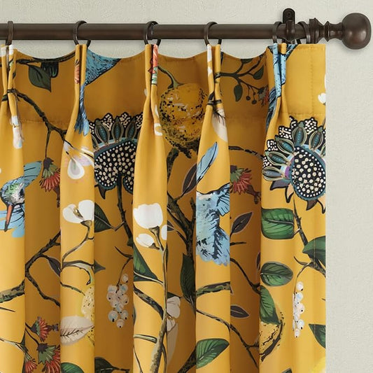 Mustard Yellow Curtains for Living Room Bedroom, Aesthetic Unique Rustic Pinch Pleated Drapes Cottagecore Floral Flower Printed Modern Farmhouse Window Treatment 63 Inch Length 2 Panels