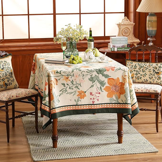 French Long Tablecloth for Rectangle Table,Linen Orange Floral Wrinkle Resistant Tablecloths,Decor Table Cover for Kitchen,Dining,Tea Party,Thanksgiving,Christmas,63"*102"-Milch