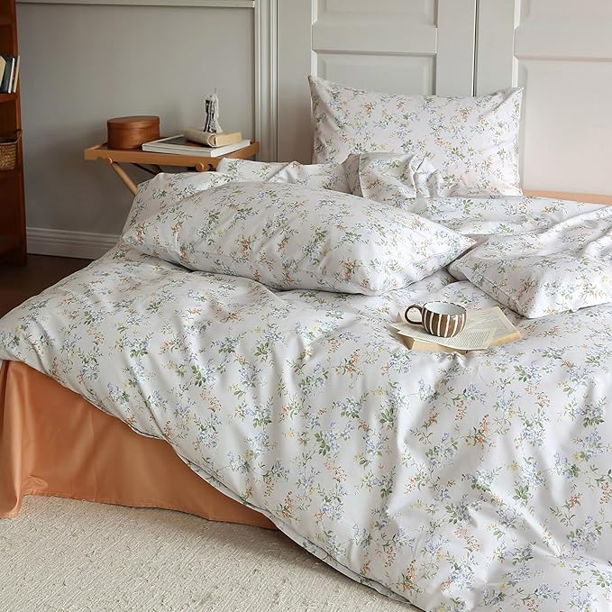 HighBuy Grey Comforter Set Twin XL Size Boho Style with Blue Flower Botanical Bedding Comforter for Cute Cottage Bedding Collection All Season,Decorative Elegant Cozy Cooling Comforter