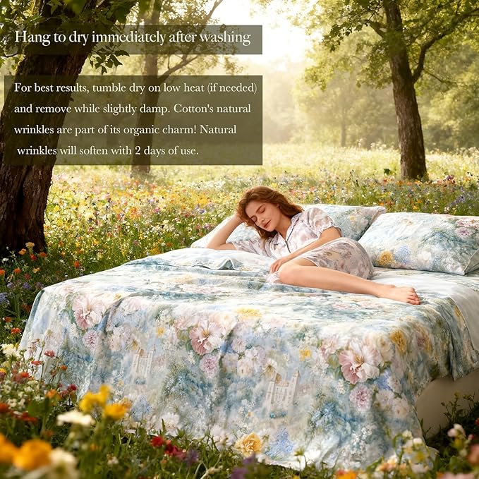 Zusbest Full Size Sheets Luxury Floral Bed Sheet Set 100% Cotton, Satin Weave Soft Breathable for Hot Sleepers Romantic Peony Flowery Printed Cottagecore Bedding Deep Pocket 17.5‘’ Bed Set 4Pcs