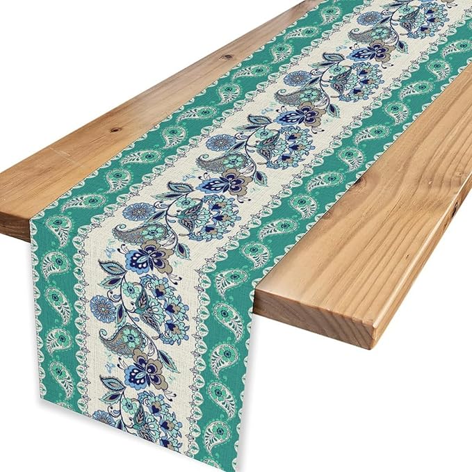 Paisley Table Runner, Rustic Blue Green Bohemian Damask Exotic Flower Cafe Table Center Decor for Home Kitchen Dining Patio Holiday Party Indoor Outdoor Table Decorations 13x72 inch
