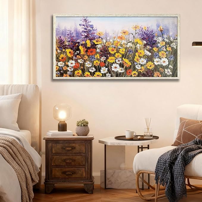 Ardemy Wildflower Wall Art Canvas Living Room Framed Daisy Floral Large Colorful Pictures Wall Decor Textured Purple Paintings Artwork for Walls Bedroom Home Office, 40"x20"