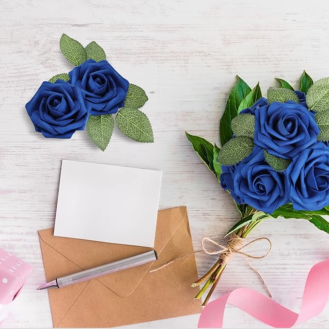 AmyHomie Artificial Flower Royal Blue Rose 25pcs Real Looking Fake Roses w/Stem for DIY Wedding Bouquets Centerpieces Arrangements Party Baby Shower Valentines Day Christmas Tree Decorations