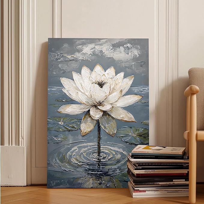Stunning white lotus emerges from prismatic water with delicate petals background Serene aquatic wall art suitable for modern minimalist decor 8x12in Wood Framed