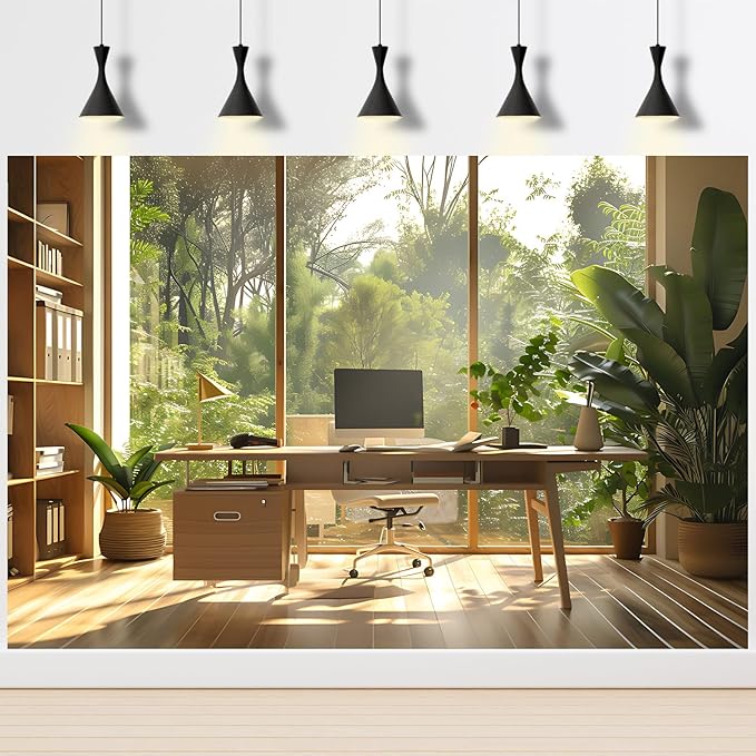 Office Background for Video Conference Modern Cozy Home Office Space Work Place Backdrop Sunlight Indoor Plants Tranquil Work Environment for Live Video Zoom Calls Studio Props Decor 7x5ft