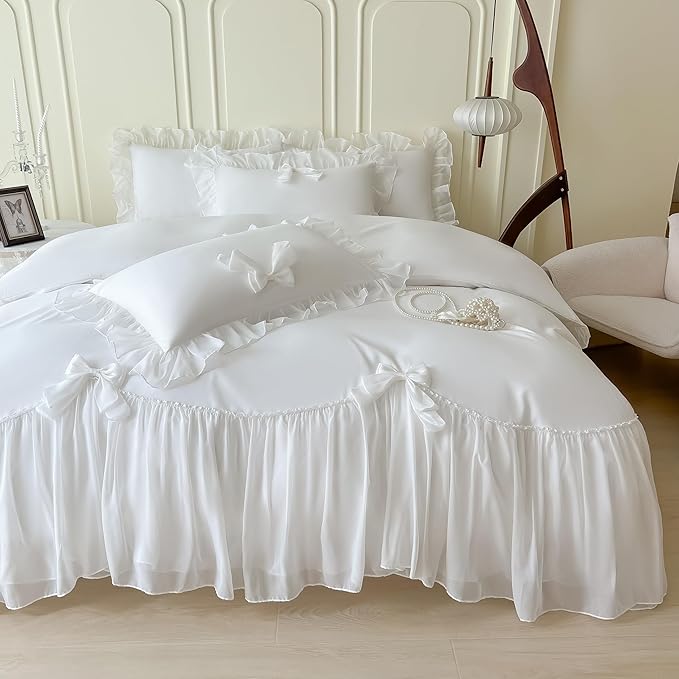 Chic Lace Bedding,Girls Twin Aesthetic Comforter Cover Set,Romantic French Princess Style Ruffled Duvet Cover with Lovely Bow with Zipper Closure-White,Twin