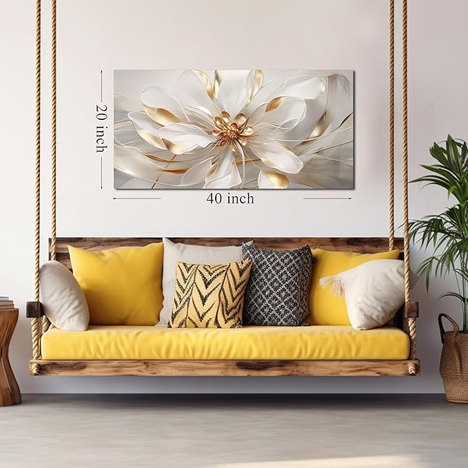 Fowers Wall Art for Bedroom Women White and Gold Wall Decor for Living Room Floral Art Print Wall Decoration 20 x 40 Inch