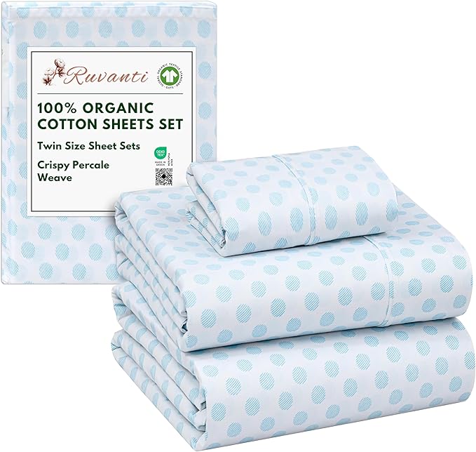 RUVANTI 100% Organic Cotton Sheets Twin Size, Percale Weave, GOTS Certified, 3-Piece Set, Deep Pocket 15", Crisp & Breathable, Soft Durable Bedding, Sábanas Algodón Orgánico – Circle Imprint