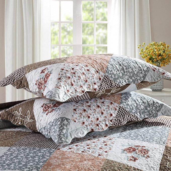 HoneiLife Quilt Set - 3 Piece Microfiber Reversible Bedspreads Patchwork Coverlets Floral Bedding Set All Season- Splicing Mocha Rose,Queen/Full Size