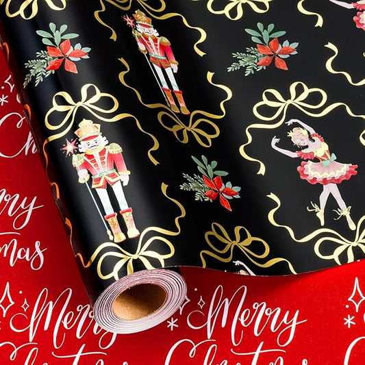 MAYPLUSS Christmas Nutcracker Wrapping Paper - 17 Inch X 33 Feet - Metallic Christmas Gift Wrapping Paper Flower Cute Bow Ballet Reversible Red for Holiday Party New Year Kids