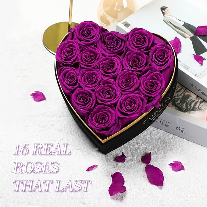 Preserved Roses Flowers for Delivery 16 Pcs, Forever Flores in Heart Box with Necklace, Eternal Rose Anniversary Birthday Gift for Women Wife Girlfriend, Rosas for Valentines Christmas, Purple
