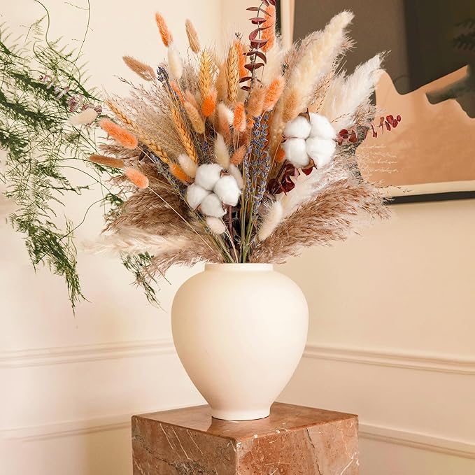 Fall Dried Flower Bouquet – Boho Fall Decor with Pampas Grass, Cotton, and Orange Bunny Tails – Autumn Floral Arrangement for Home, Mantel, or Vase – Fall Decorations for Home Indoor & Porch