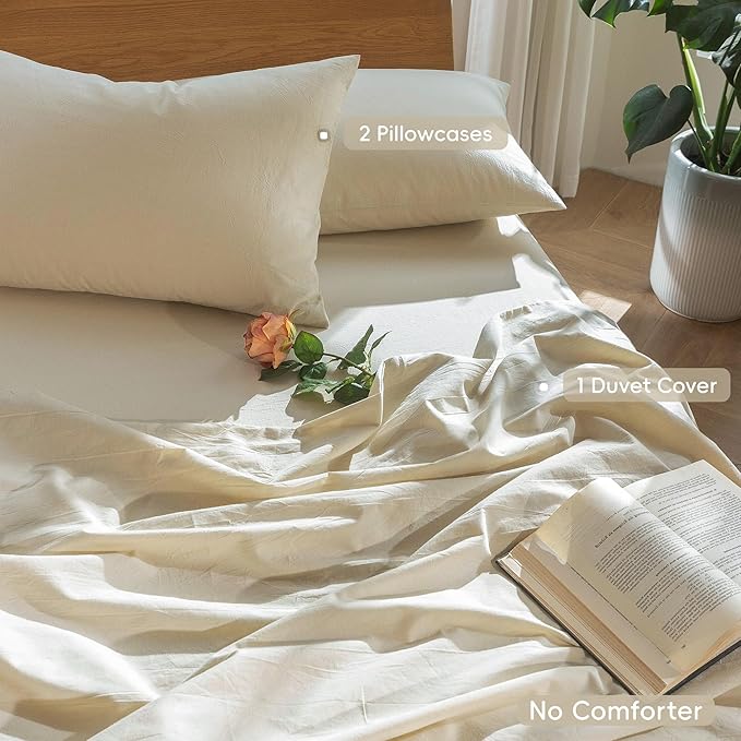 MooMee Bedding Duvet Cover Set 100% Washed Cotton Linen Like Textured Breathable Durable Soft Comfy (Heathered Almond Milk Grey, Oversized Full 82"x86")