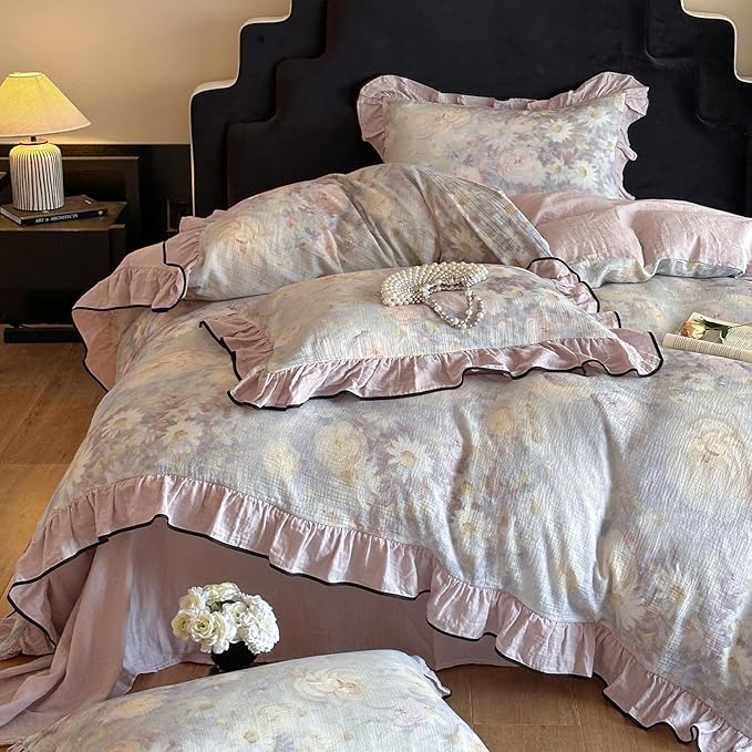 HighBuy Ruffle Floral Linen Duvet Cover Twin Size,Chic Cottagecore Pure French Yarn-Dyed Cotton Linen Comforter Cover Set 3 Piece Coquette Farmhouse Bedding for Teen College,Breathable Durable