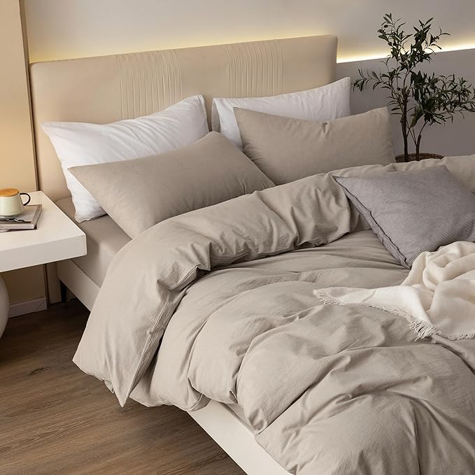 JIYUAN 100% Washed Cotton Duvet Cover Set 2 Pieces Twin, 1 Duvet Cover 68x90 Inches (Comforter Not Included) and 1 Pillowcases,Linen Feel Bedding Set Comfy and Breathable, Heathered Tannish Linen Grey