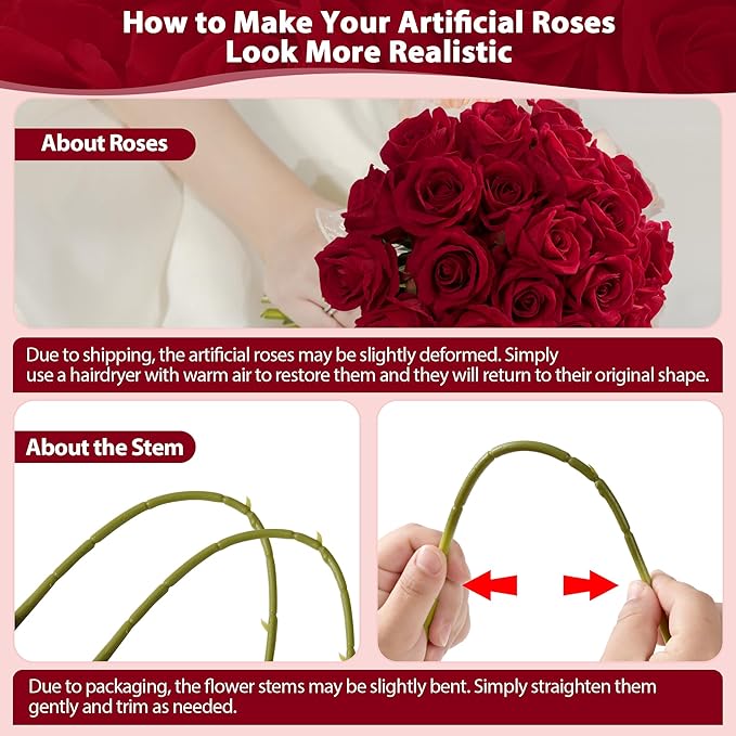 Red Roses Artificial Flowers Bulk, 32Pcs Fake Roses Artificial Velvet Roses with Stems, DIY Silk Flowers Roses Bouquet, Realistic Faux Artificial Roses for Mother's Day Home Table Decor