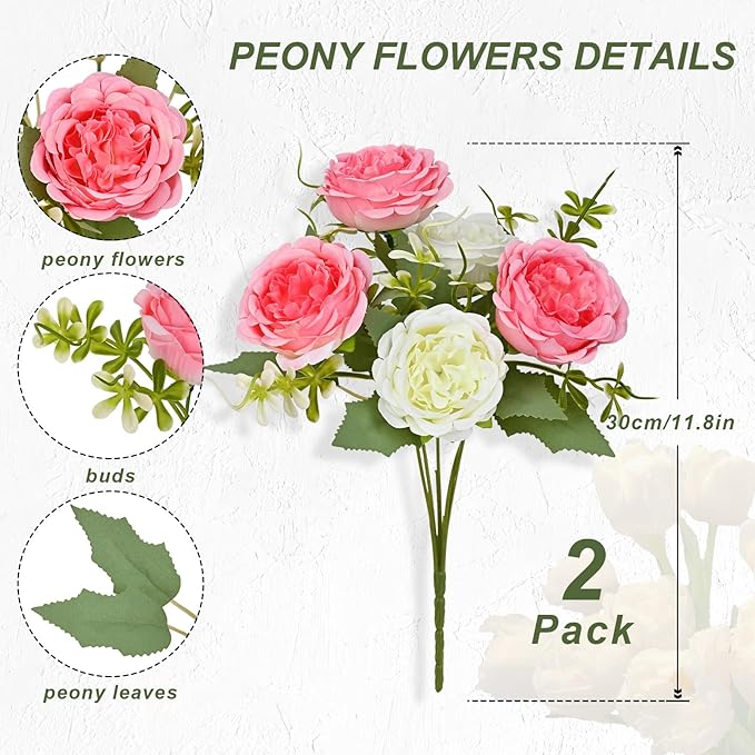 MARTINE MALL 2 Packs Peonies Artificial Flowers, Mixed White Pink Artificial Peonies, Silk Peonies Flowers Fake Peonies Artificial Flowers Peonies Bouquet for Centerpiece Table Wedding Home Decor