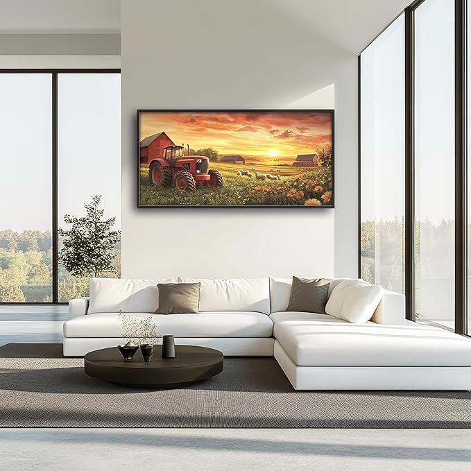 Farmhouse Sunset Large Wall Art Framed Wall Decor for Living Room Rustic Barn Tractor Pictures Oversized Canvas Print Painting Modern Extra Large Framed Artwork for Bedroom Office 60"x30"
