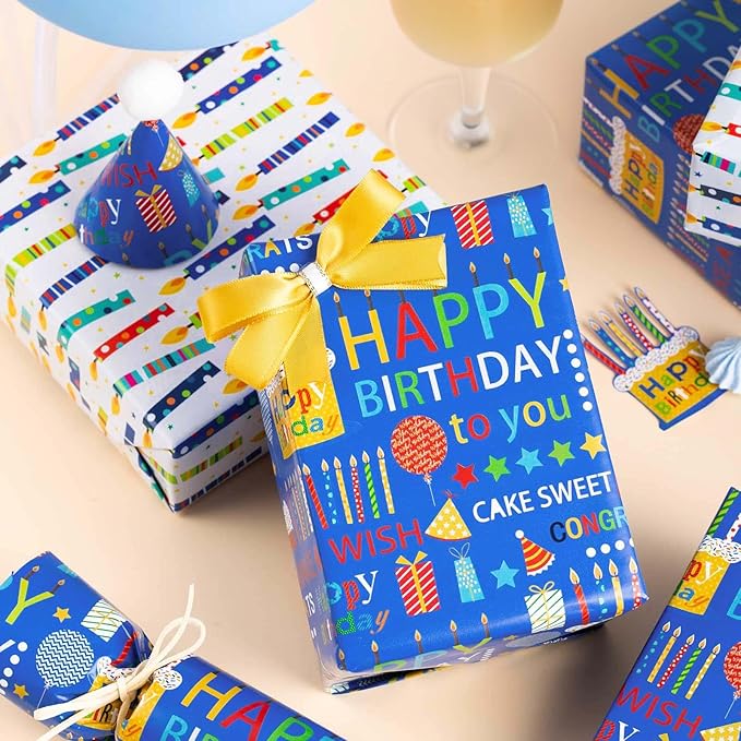 Homeral Blue Birthday Wrapping Paper Roll - 17 Inch x 16.5 Feet, Reversible Happy Birthday Lettering & Colorful Candles Gift wrapping paper for Boy Baby Shower, Party, Holiday