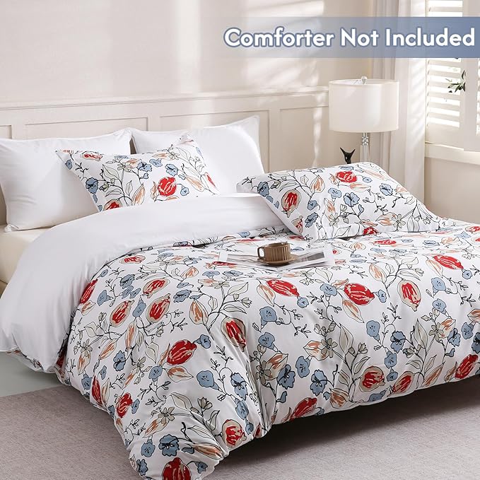 LONAVA King Flower 3 Pcs Duvet Cover Set, Breathable Soft Microfiber White Lining Comforter Cover with Zipper Closure, and 2 Anti-Pilling, Fade Resistant Pillowcases, Red Bud