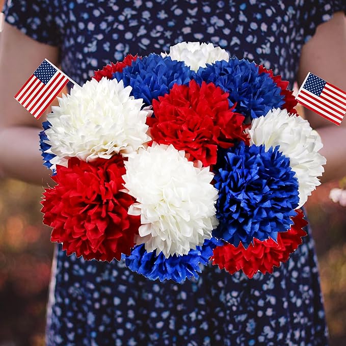 Tinsow 12 pcs Artificial Flower Patriotic Memorial Bouquet Red White and Blue Faux Ball Chrysanthemum Bouquet 4th of July Flowers Silk Flowers Arrangement for Home Party Centerpiece Vase Decor