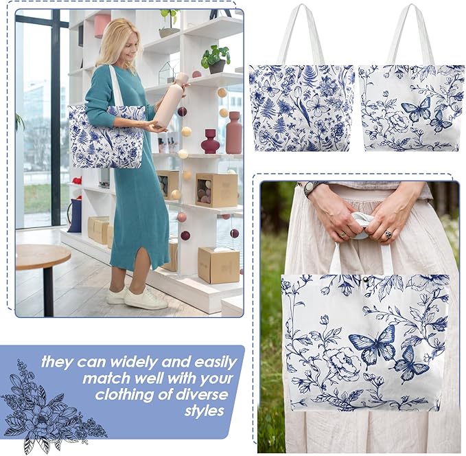 6 Pcs Floral Canvas Tote Bags Bulk for Women Chinoiserie Tote Bag Aesthetic Reusable Grocery Bags for Travel Shopping