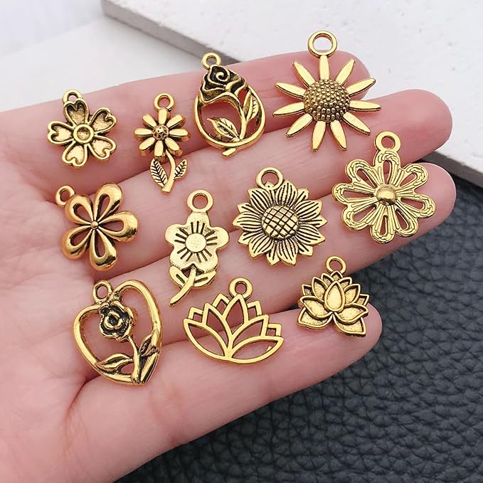 WOCRAFT 60pcs Antique Gold Flowers Bracelet Charms for Jewelry Making Sets DIY Necklace Bracelet Keychain Crafting Charms Kit Craft Supplies (SN876)