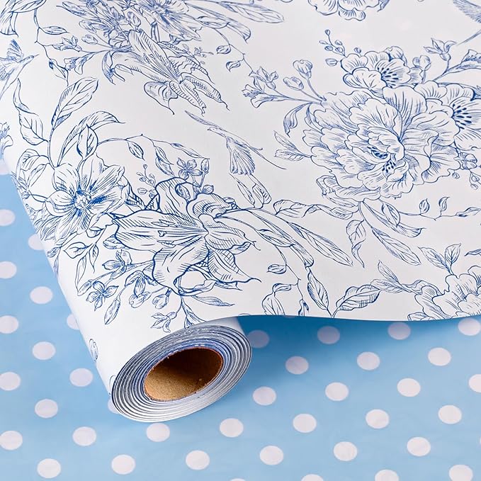 Burymento Blue and White Porcelain Flower Wrapping Paper, Reversible Blue Dot Design Gift Wrap for Baby Shower, Birthday, Valentines, Mothers day, Graduation, Wedding, Fathers day, Christmas (17 Inch X 32.8 Feet)