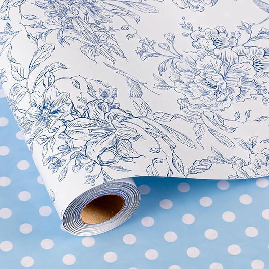 Burymento Blue and White Porcelain Flower Wrapping Paper, Reversible Blue Dot Design Gift Wrap for Baby Shower, Birthday, Valentines, Mothers day, Graduation, Wedding, Fathers day, Christmas (17 Inch X 32.8 Feet)