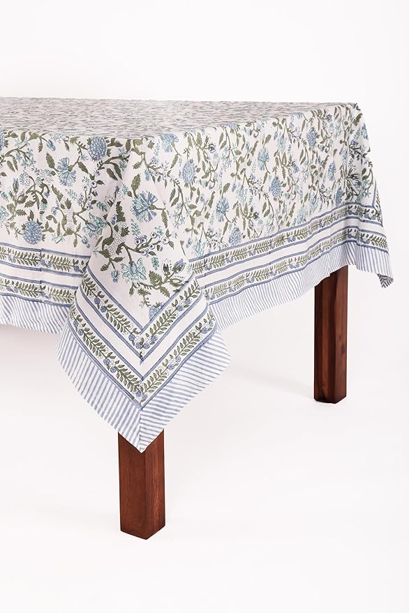 ATOSII Mahoka Blue 100% Cotton Fall Tablecloth, Handblock Floral Linen Table Cloth for Kitchen Dining Table I Parties Weddings Outdoors Easter Valentine's Gift I 60 X 108 Inches I 8 Seater