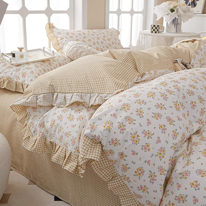 EAVD Cotton Duvet Cover King Size Floral Ruffle Duvet Cover Set Garden Style Yellow Pink Floral Pattern Duvet Cover with Zipper Closure Aesthetic Floral Comforter Cover with 2 Pillowcases
